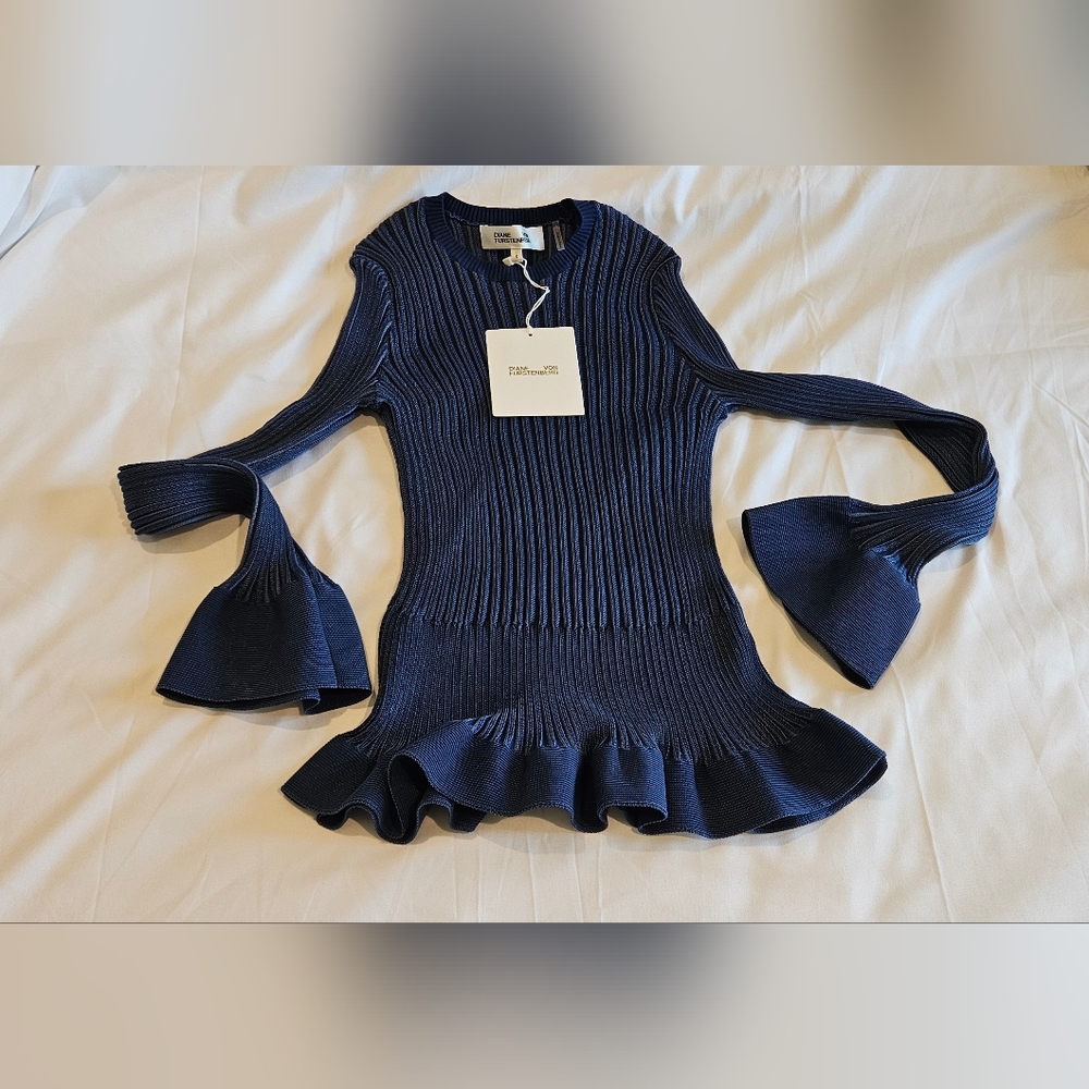 DVF Navy Ribbed Knit Dress with Ruffle Hem